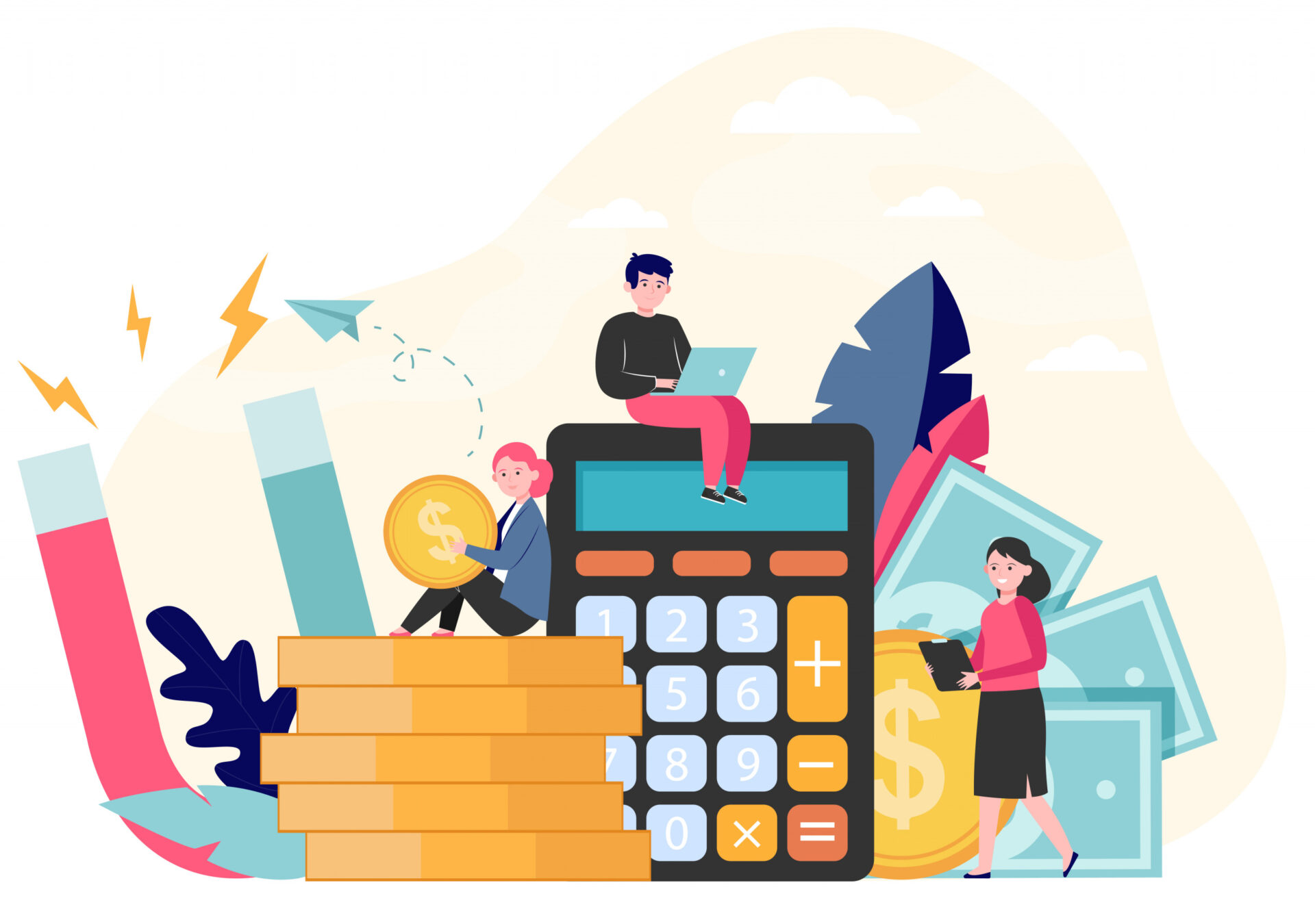 An image of a huge calculator and some other icons and in employee sitting at the top of it