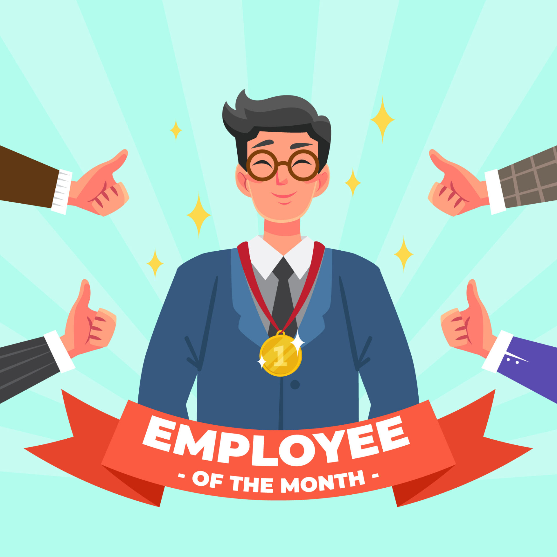 An image of an employee standing at the center wearing a gold medal because he is the employee of the month, surrounded by four thumbs-up symbols.