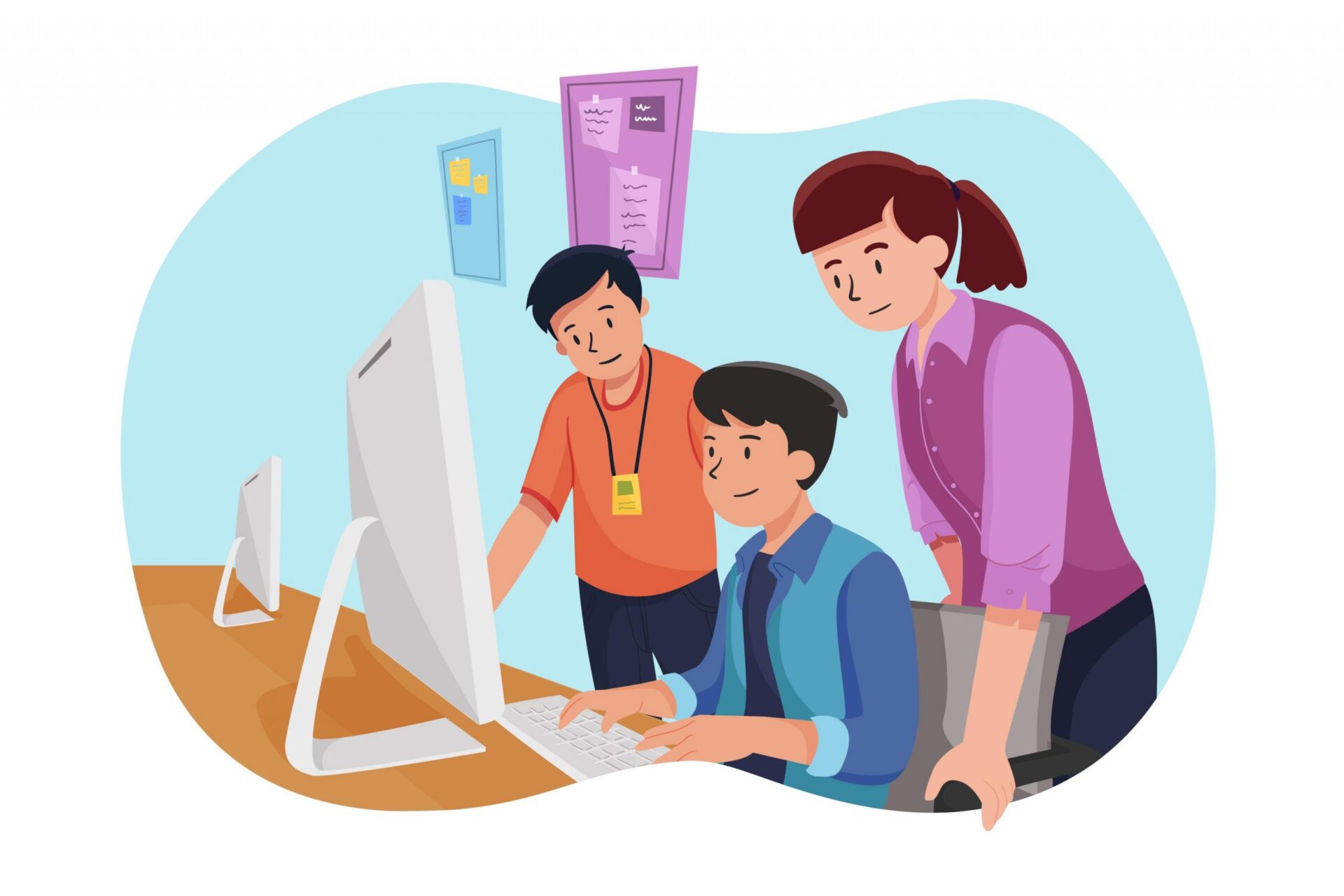 An illustration of three colleagues collaborating in an office. One person, seated at a desk, is typing on a computer while two others stand beside them, offering support and guidance.