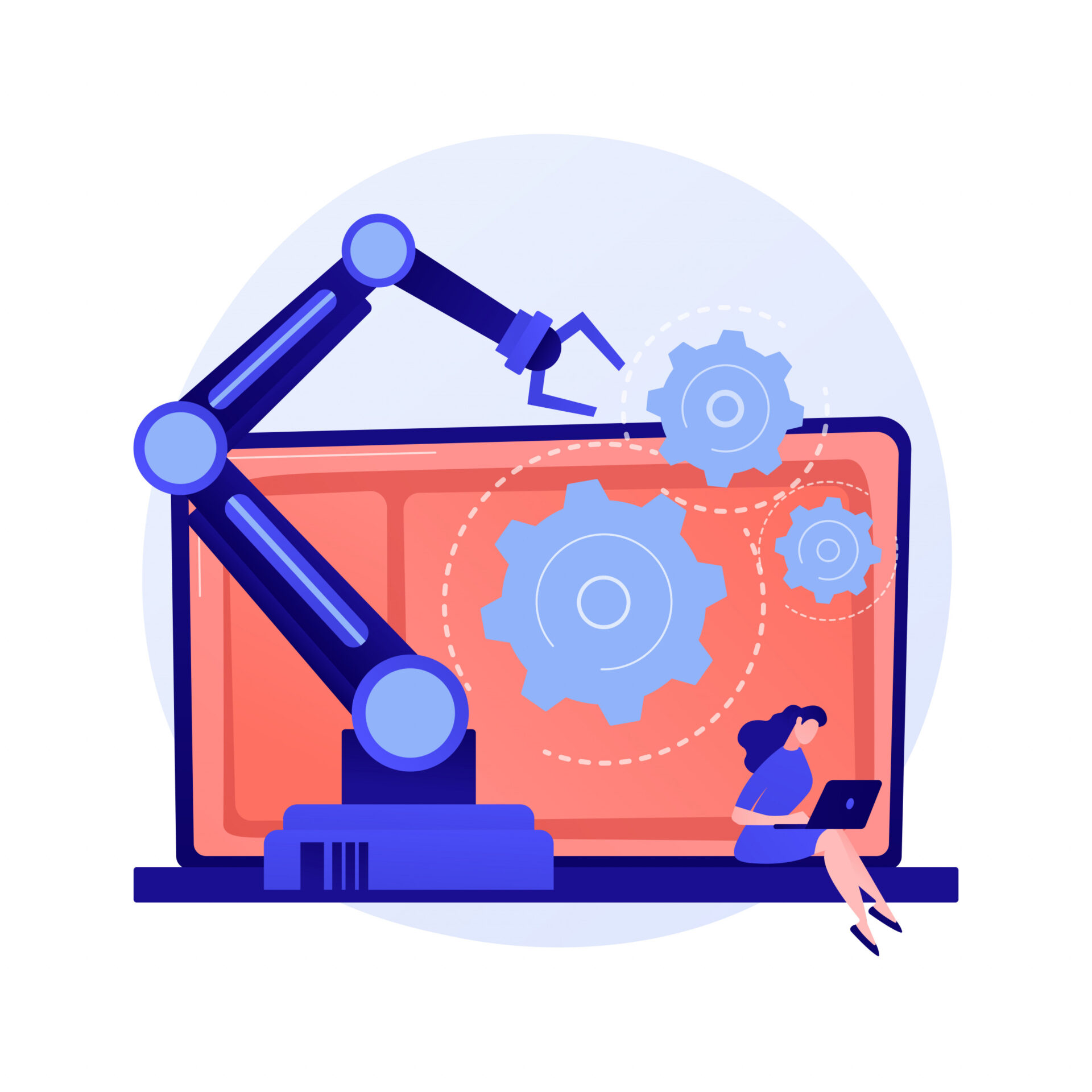 A colorful illustration depicting a large robotic arm working on assembling gears, symbolizing automation and technology. The background features a giant laptop screen displaying gears in motion, emphasizing the integration of technology and machinery.