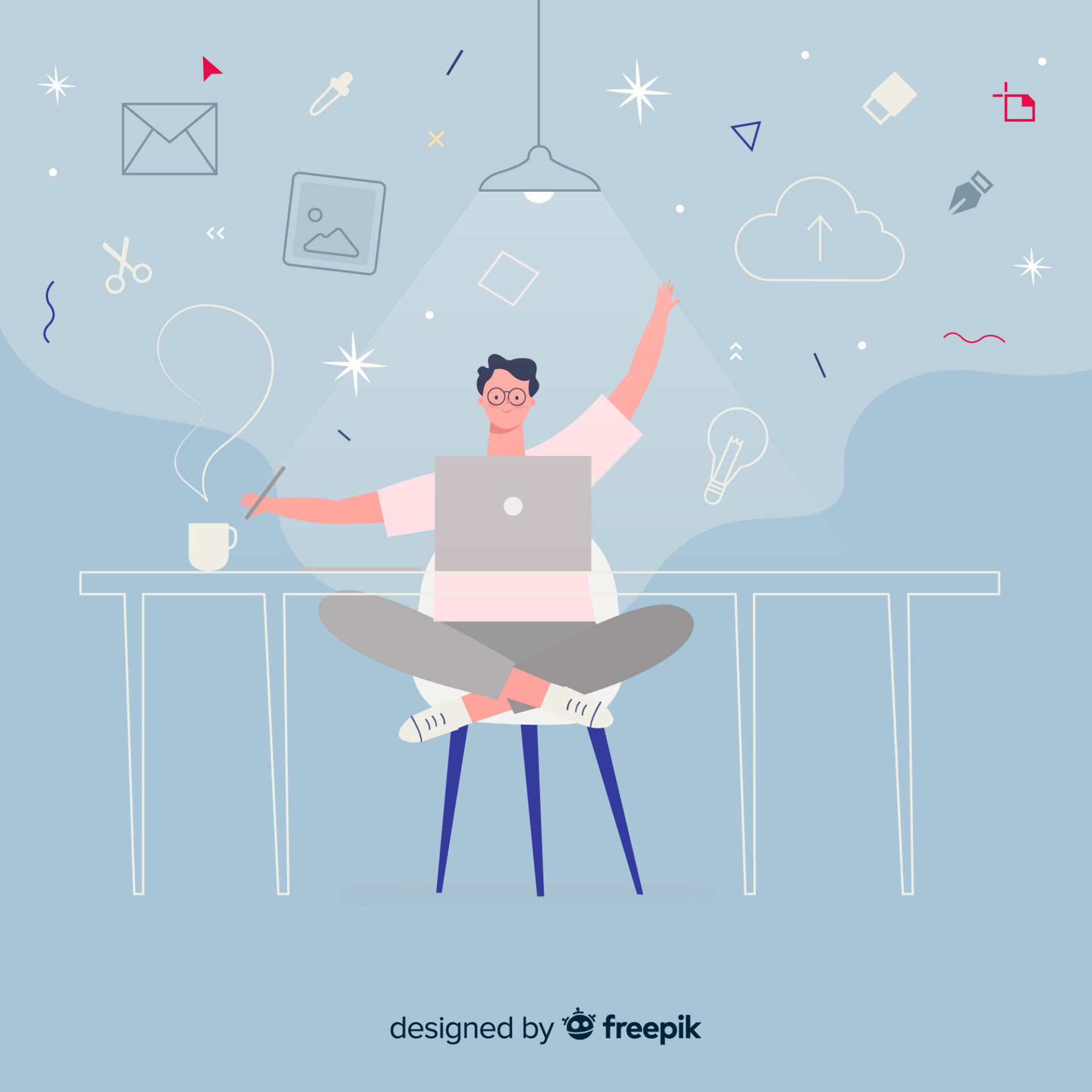 A playful illustration of a person sitting cross-legged on a chair in front of a desk, working on a laptop. The person is smiling and raising one arm in a celebratory gesture. Around them are various icons representing creativity and productivity