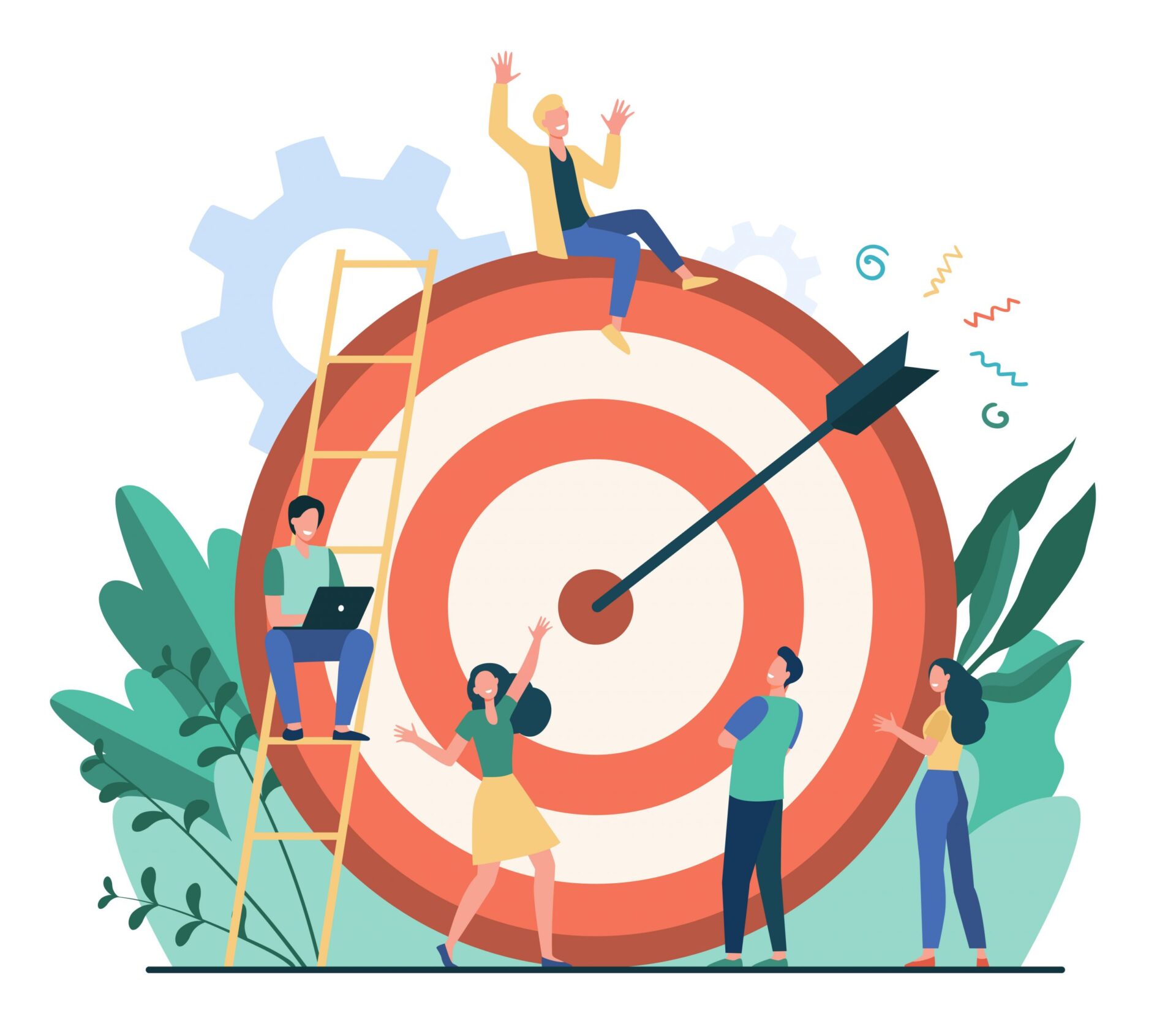 A lively illustration featuring a large target with an arrow hitting the bullseye, symbolizing goal achievement. Surrounding the target are five people celebrating their success.