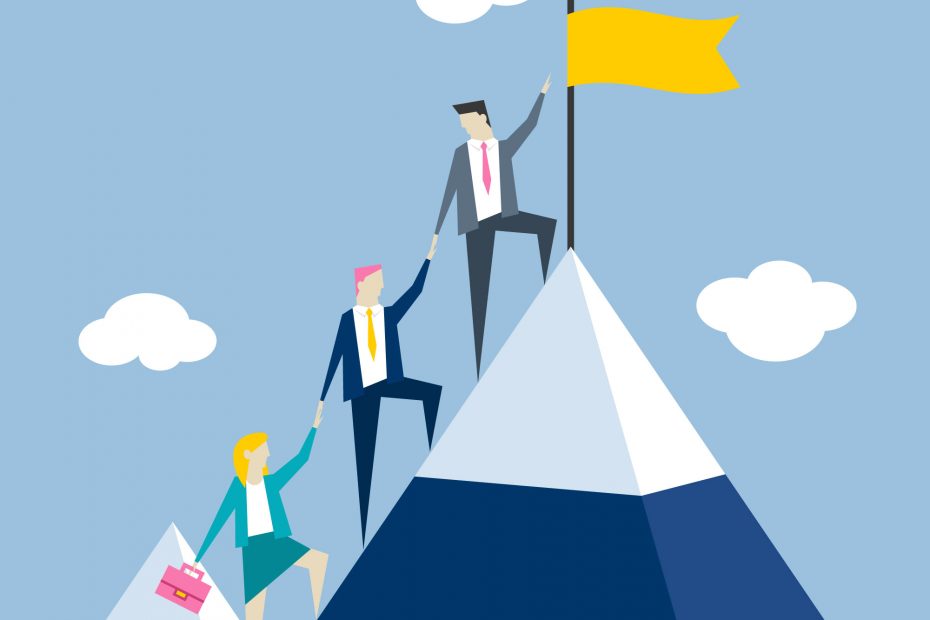 An illustration of three business professionals climbing to the peak of a mountain, symbolizing achievement and teamwork. The leading person has planted a yellow flag at the summit, representing success.