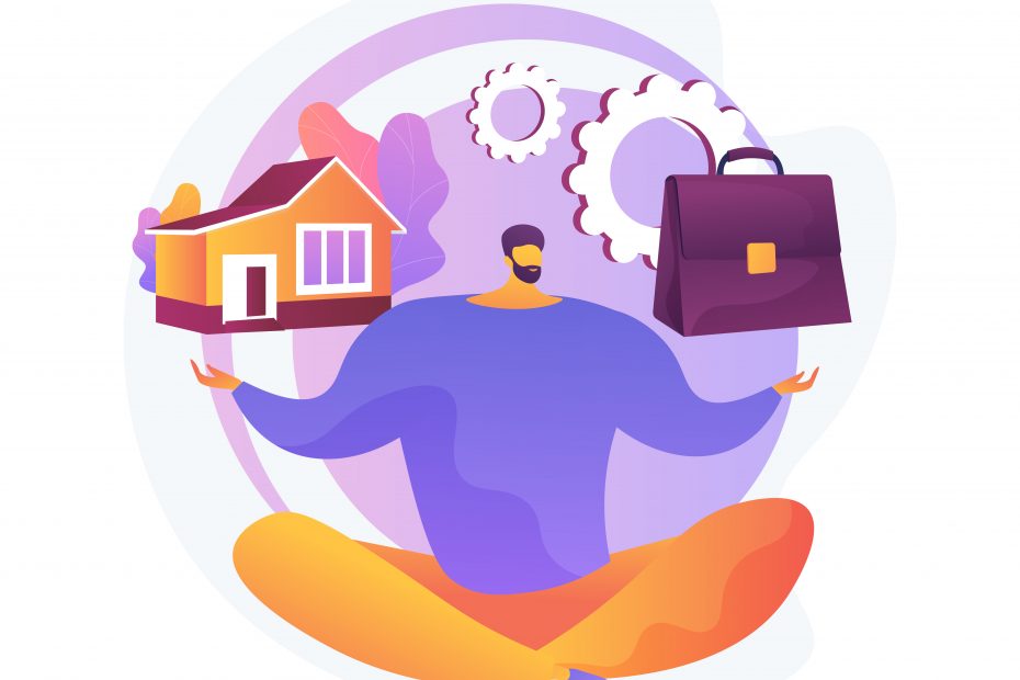 A stylized illustration of a person sitting cross-legged and balancing a house on one hand and a briefcase on the other. The person appears relaxed and content, symbolizing a balance between work and home life.