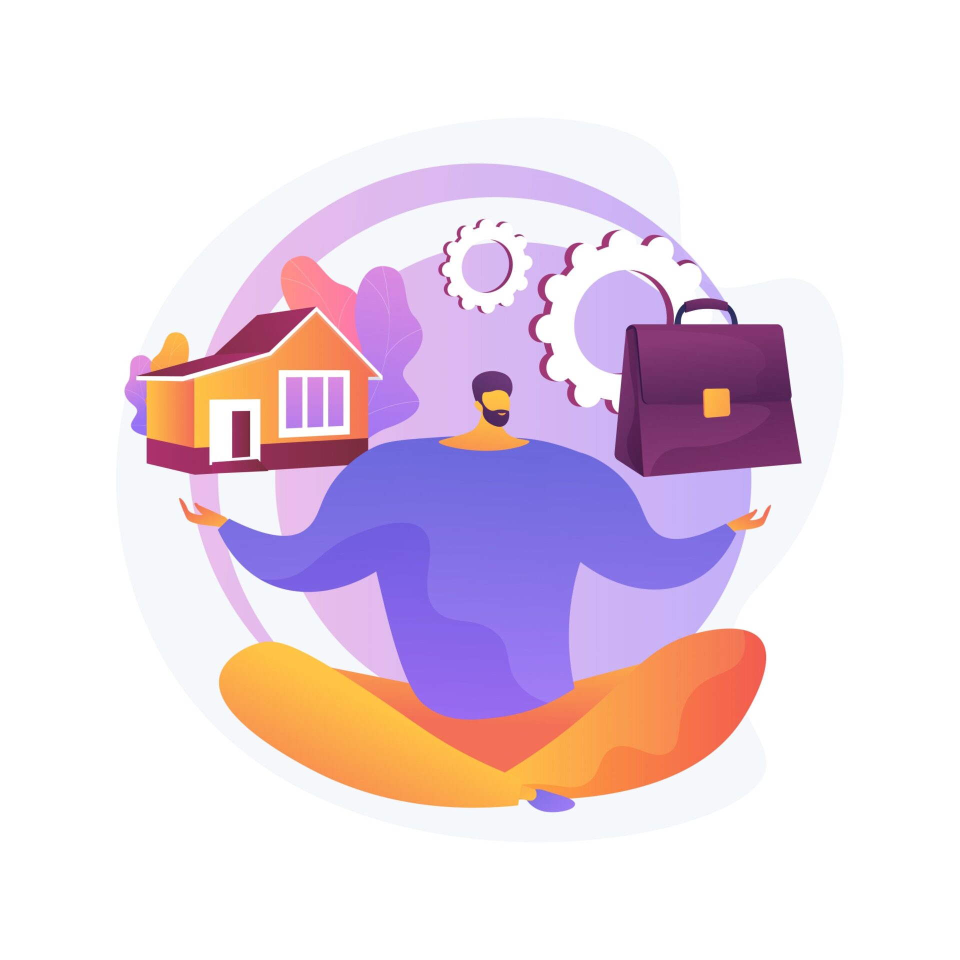A stylized illustration of a person sitting cross-legged and balancing a house on one hand and a briefcase on the other. The person appears relaxed and content, symbolizing a balance between work and home life.