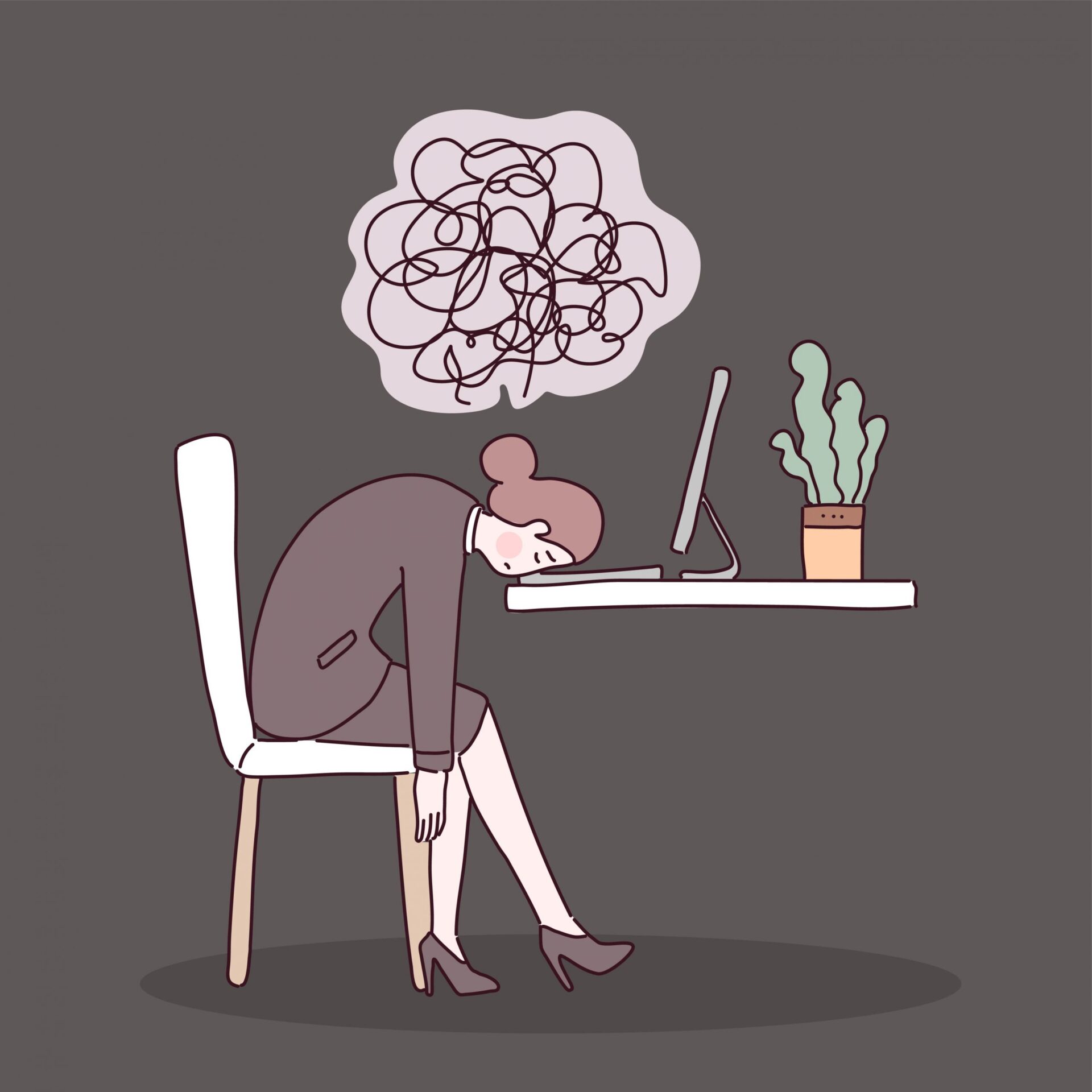 An illustration of a woman sitting at a desk with her head resting on the surface in front of a computer, looking exhausted. A thought bubble above her head contains a tangled, chaotic scribble, symbolizing stress or mental overwhelm.