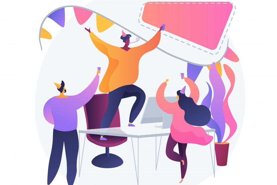 A vibrant illustration of three people celebrating in an office. One person stands on a desk, hanging up colorful bunting, while the other two hold drinks and cheer