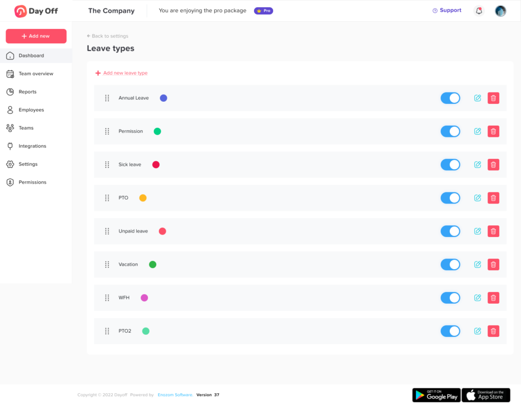 Day Off leave types settings