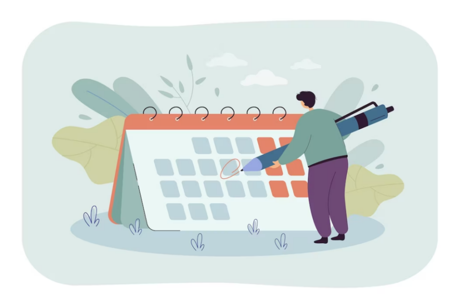 The illustration features a person standing in front of a large, desk-style calendar. The individual is holding an oversized pen and marking a date on the calendar. The background includes abstract foliage and a soft, pastel color palette, creating a calm and organized atmosphere. This image conveys themes of planning, scheduling, and time management.