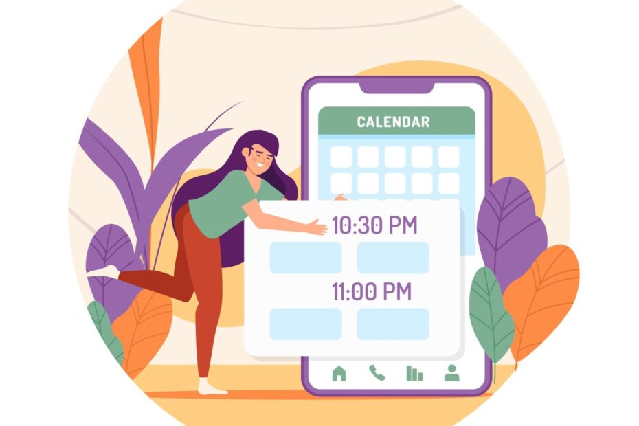 An illustration of a woman interacting with a large smartphone displaying a calendar app. She is adjusting time slots labeled "10:30 PM" and "11:00 PM," suggesting she is organizing or scheduling events. The background features colorful, abstract plants and leaves, creating a vibrant and dynamic scene. The circular frame around the illustration adds a cohesive and polished look to the overall design. The woman's casual attire and the playful elements in the background convey a sense of personal planning and time management in a relaxed setting.