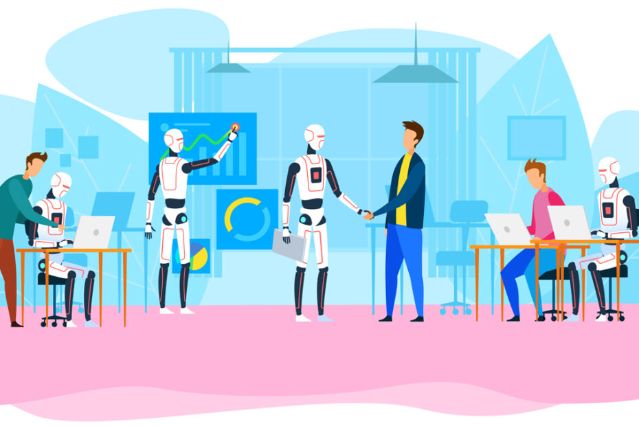 An illustration of a futuristic office environment where humans and robots are working together. On the left, a human collaborates with a robot at a desk. In the center, a human and a robot are shaking hands, symbolizing partnership and cooperation. On the right, another human and robot are working at computers. The background features modern office decor with charts and graphs on the walls, emphasizing productivity and innovation. The scene is colorful and dynamic, highlighting the integration of advanced technology and human expertise in the workplace.