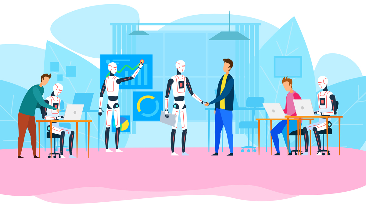 An illustration of a futuristic office environment where humans and robots are working together. On the left, a human collaborates with a robot at a desk. In the center, a human and a robot are shaking hands, symbolizing partnership and cooperation. On the right, another human and robot are working at computers. The background features modern office decor with charts and graphs on the walls, emphasizing productivity and innovation. The scene is colorful and dynamic, highlighting the integration of advanced technology and human expertise in the workplace.
