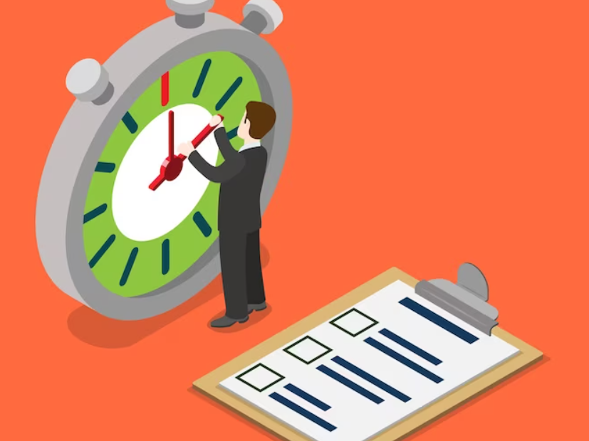 The illustration depicts a business concept of time management. A person in a suit is adjusting the hands of a large stopwatch, emphasizing the importance of managing time. Beside the stopwatch, there is a clipboard with a checklist, highlighting tasks and planning. The background is a solid orange, making the elements stand out clearly and conveying a sense of urgency and focus on productivity.