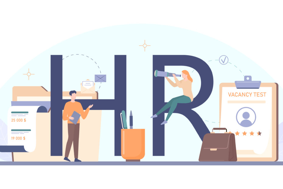 Human resources, HR typographic header. Idea of recruitment and job management. HR manager interviewing a job candidate. Flat vector illustration