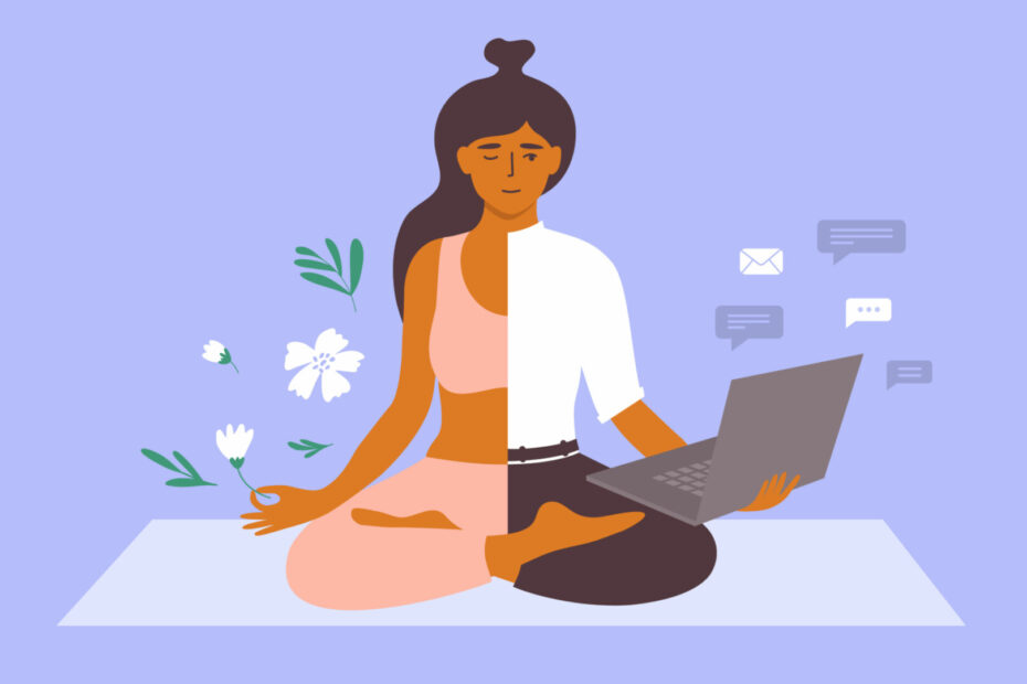 An illustration of a woman sitting cross-legged on a mat, divided into two contrasting halves. The left half shows her in a serene, meditative pose, wearing yoga attire and surrounded by flowers and leaves, symbolizing peace and relaxation. The right half depicts her working on a laptop, dressed in business attire, with chat bubbles and notifications around her, representing productivity and communication. The background is a soft purple, highlighting the balance between work and wellness in her life. The overall theme emphasizes the importance of maintaining a balance between professional responsibilities and personal well-being.
