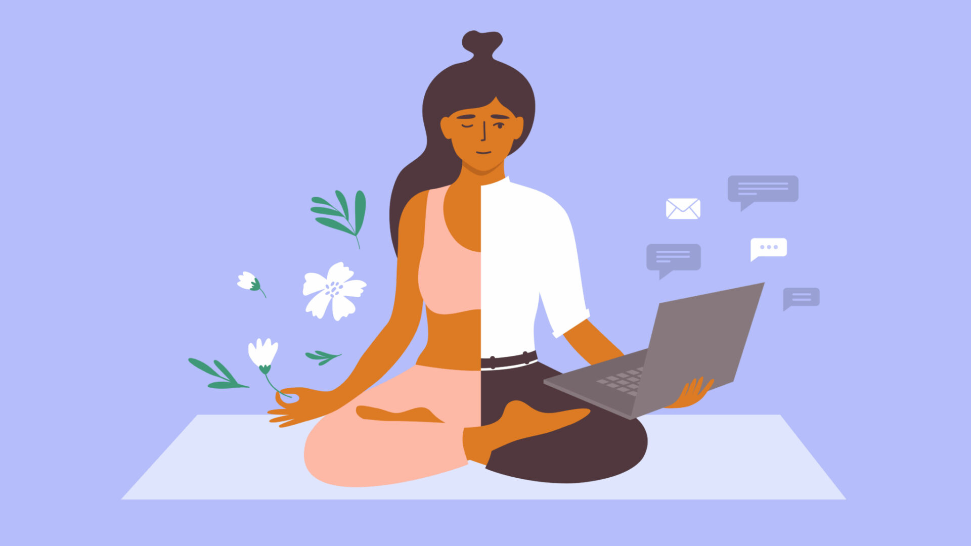 An illustration of a woman sitting cross-legged on a mat, divided into two contrasting halves. The left half shows her in a serene, meditative pose, wearing yoga attire and surrounded by flowers and leaves, symbolizing peace and relaxation. The right half depicts her working on a laptop, dressed in business attire, with chat bubbles and notifications around her, representing productivity and communication. The background is a soft purple, highlighting the balance between work and wellness in her life. The overall theme emphasizes the importance of maintaining a balance between professional responsibilities and personal well-being.