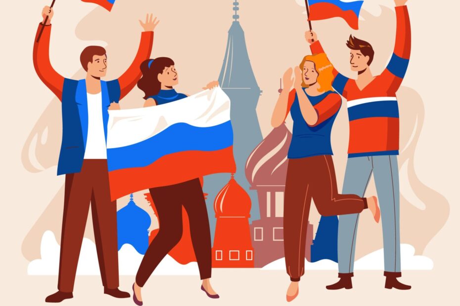 An image of four people celebrating and holding Russia flag