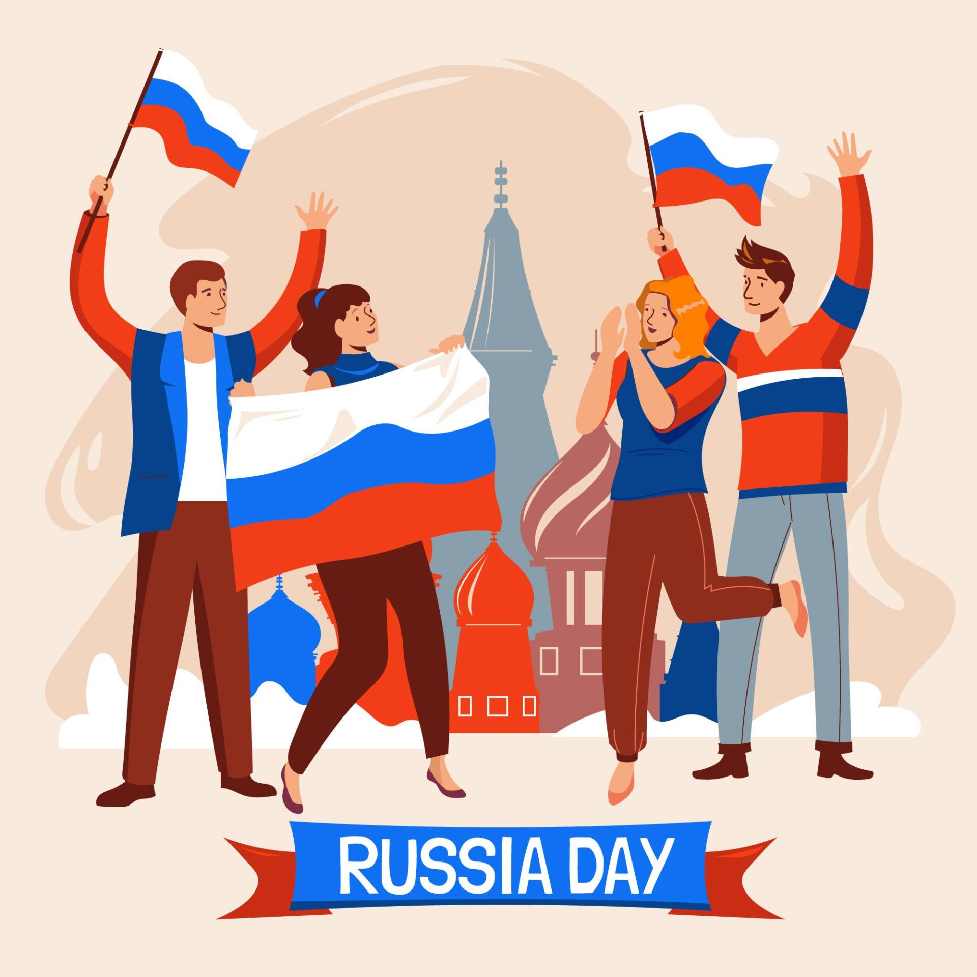 An image of four people celebrating and holding Russia flag