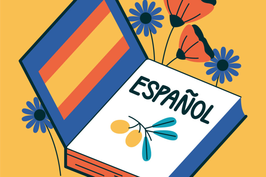 An image of an opened book written in the first page "Espanol" with a yellow background and some flowers around the book
