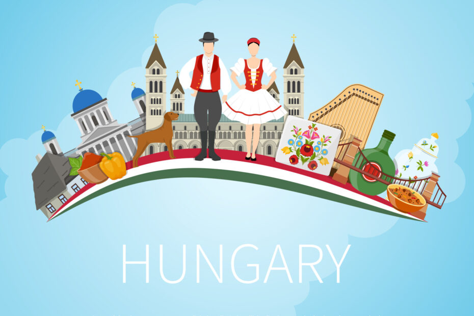 Hungary travel concept with flat composition of traditional folk art architecture buildings and editable text field vector illustration