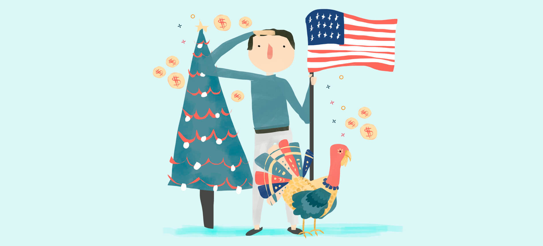 An illustration of a person standing next to a decorated Christmas tree, holding an American flag, and saluting. A colorful turkey stands beside them. The background is light blue with festive confetti.