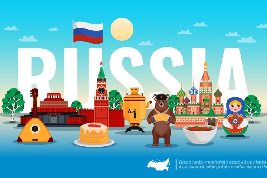 A vector with the word RUSSIA as the background ans some icons that refer to the most known traditions for this country
