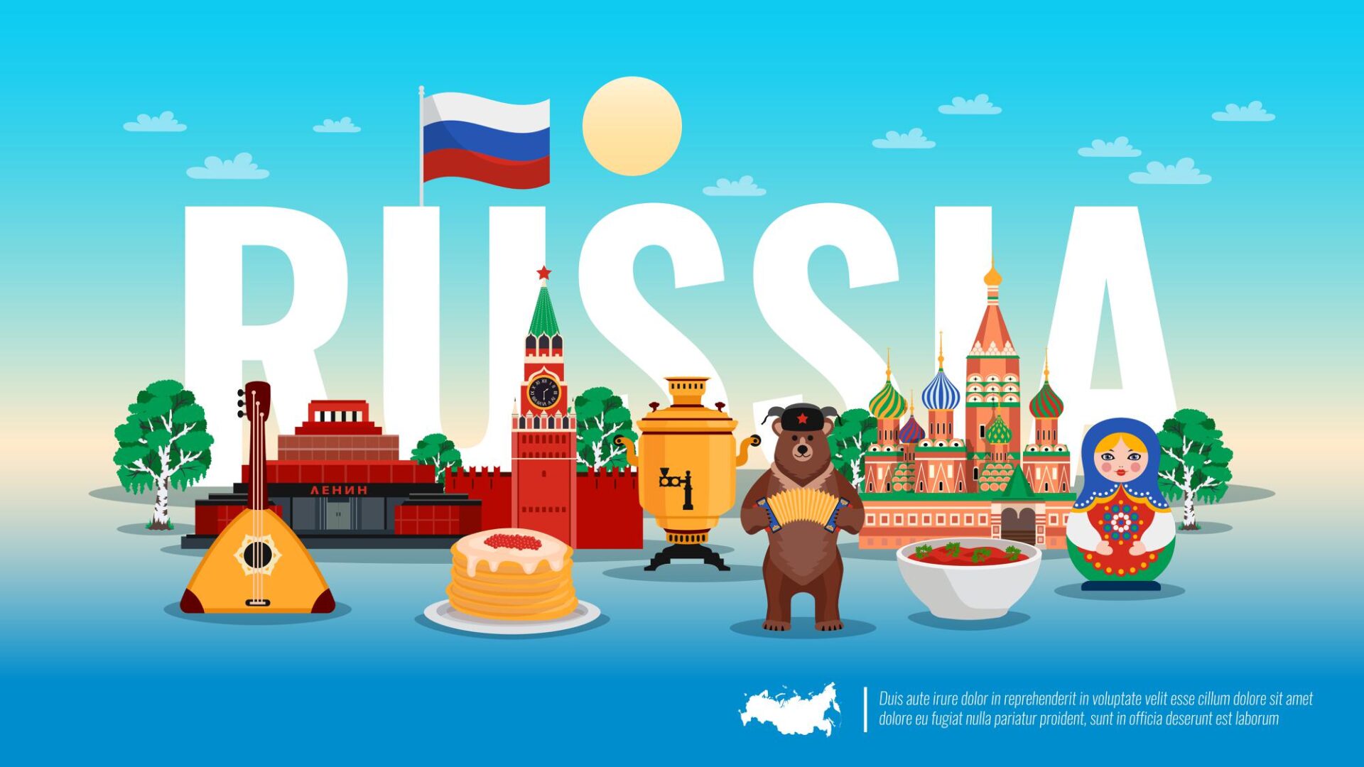 A vector with the word RUSSIA as the background ans some icons that refer to the most known traditions for this country