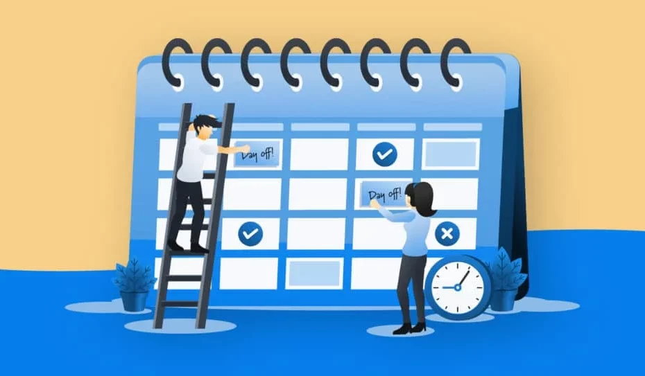The image is an illustration featuring a large spiral-bound calendar in the background. Two people are interacting with the calendar: one person is standing on a ladder, placing or adjusting a note on one of the calendar's days, while the other person is standing on the ground, pointing at another note on a different day. There are checkmarks and an "X" on some of the calendar days, indicating completed and uncompleted tasks or events. A large clock is positioned at the bottom right, symbolizing the importance of time management. The overall color scheme is blue and white.
