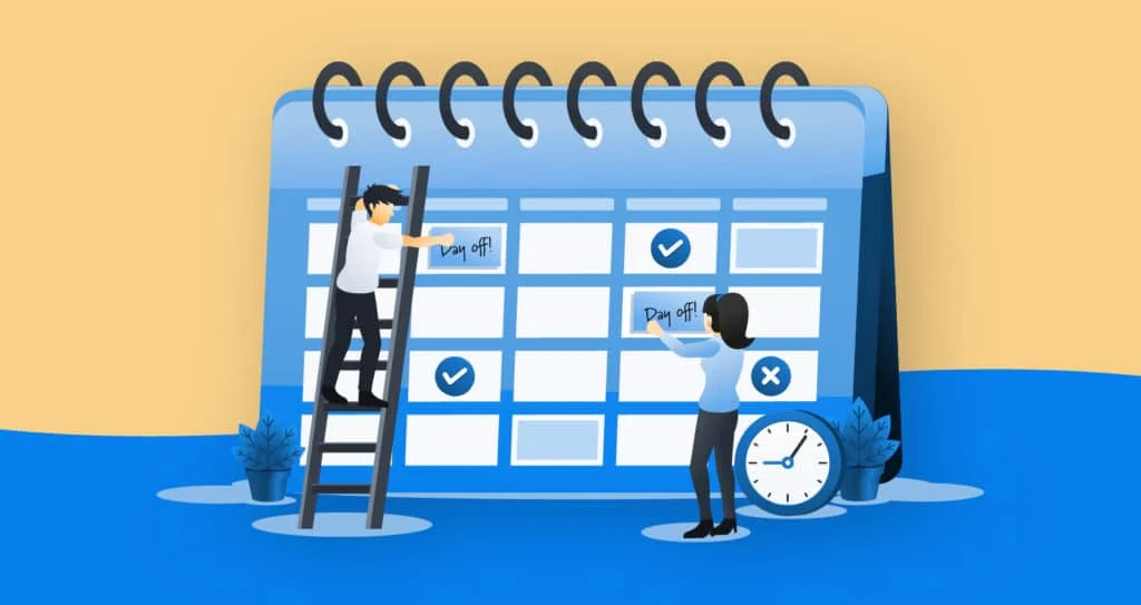 The image is an illustration featuring a large spiral-bound calendar in the background. Two people are interacting with the calendar: one person is standing on a ladder, placing or adjusting a note on one of the calendar's days, while the other person is standing on the ground, pointing at another note on a different day. There are checkmarks and an "X" on some of the calendar days, indicating completed and uncompleted tasks or events. A large clock is positioned at the bottom right, symbolizing the importance of time management. The overall color scheme is blue and white.