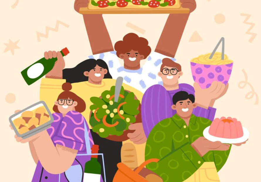 A vibrant illustration features a group of five diverse individuals holding various food items, indicating a gathering or potluck. One person in the center, with curly hair, holds a large platter of appetizers. Surrounding them, another holds a bottle of olive oil, someone else presents a bowl of pasta, another individual carries a plate of jello, and the last person has a salad bowl. The background is adorned with abstract shapes, enhancing the festive and cheerful atmosphere.