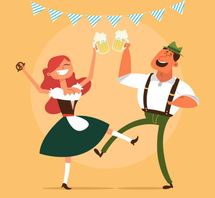 A cheerful illustration depicts a festive scene with two individuals dressed in traditional Bavarian attire. The woman on the left, with red hair, wears a dirndl and holds a pretzel in one hand while joyfully raising a beer mug with the other. The man on the right, wearing lederhosen, a white shirt, and a green hat, also raises two beer mugs in celebration. Both are smiling and appear to be dancing, with a warm yellow background adding to the lively and joyous atmosphere.