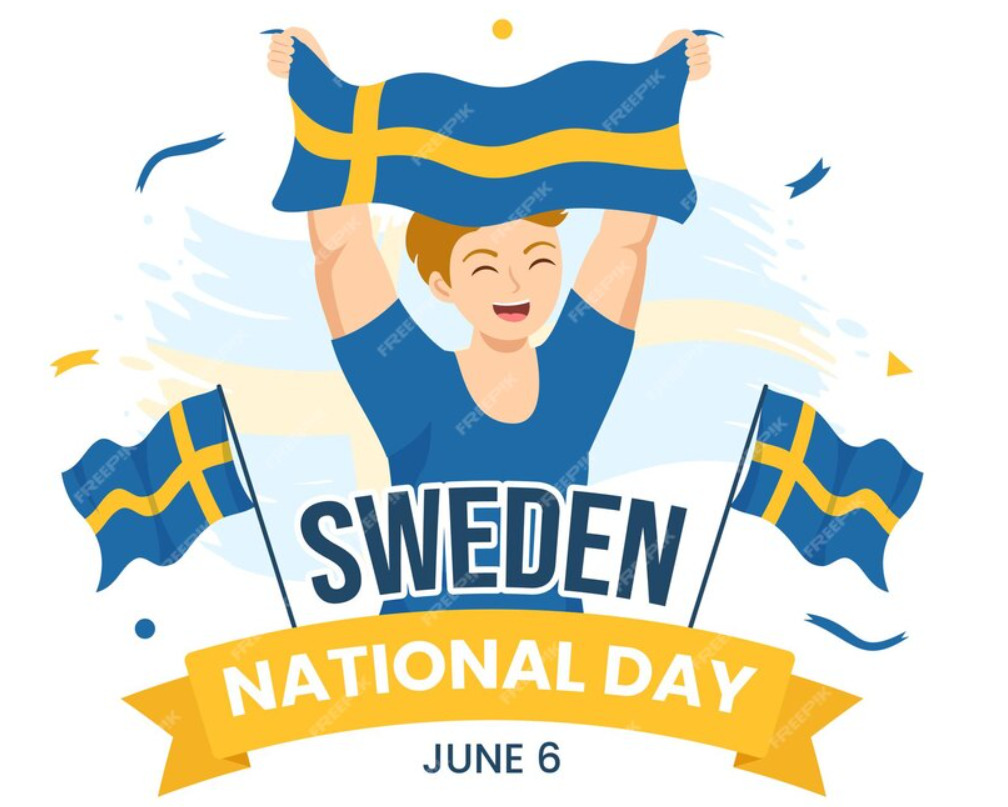 An image of a man holding the Sweden flag with a big smile on his face