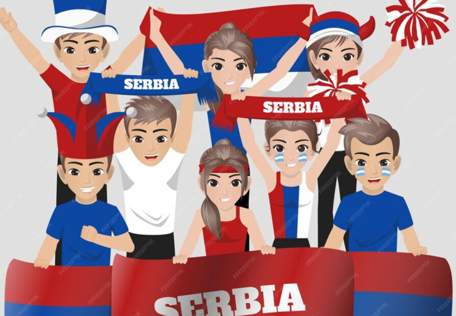 An image of people celebrating while holding Serbia flag