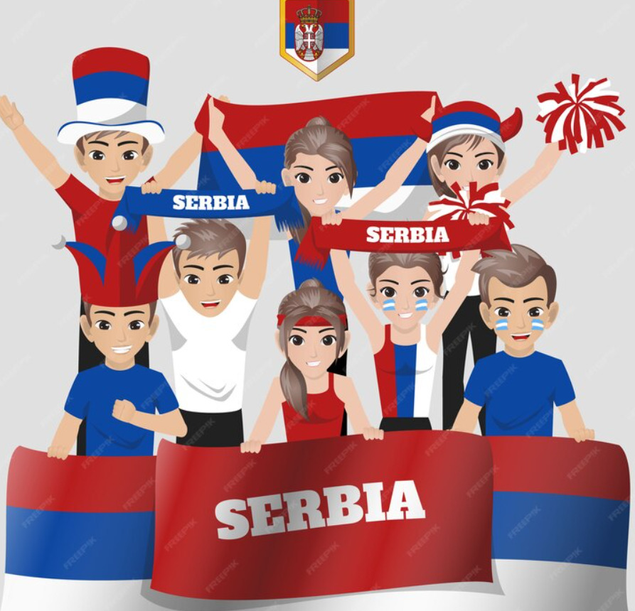 An image of people celebrating while holding Serbia flag