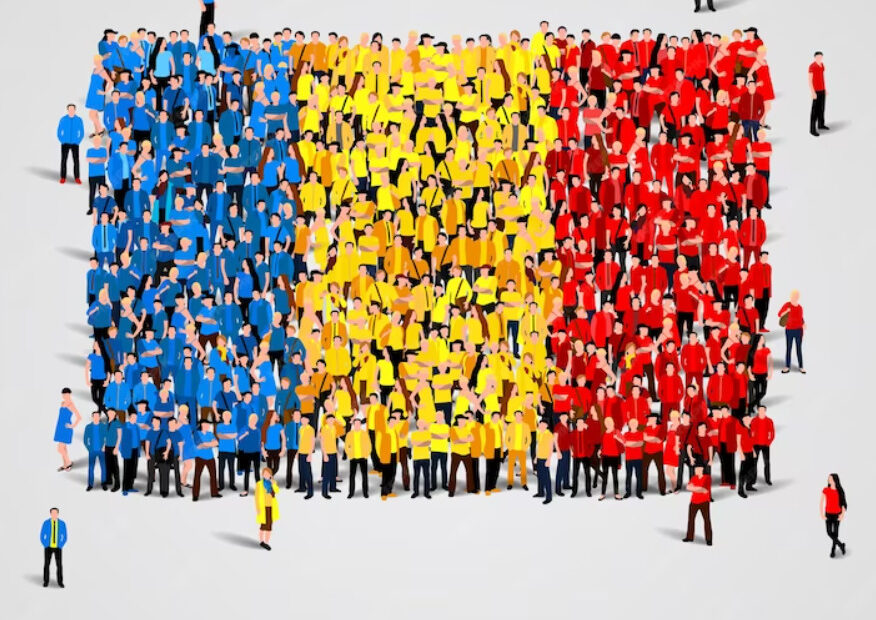 An image of Romania flag shaped by standing people