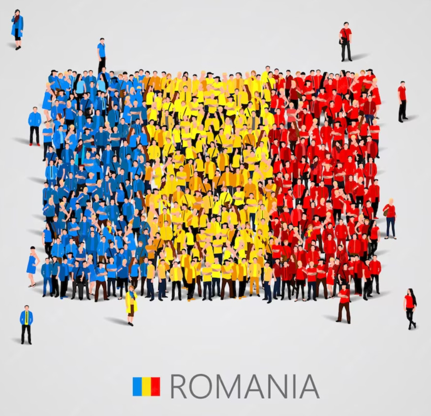 An image of Romania flag shaped by standing people