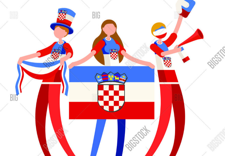 An image of three people wearing cloth the same colors of Croatia flag the one in the middle is holding Croatia flag