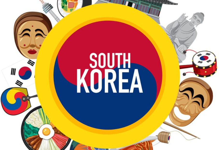 An image of South Korea Flag surrounded by icons referring to the country most known traditions.