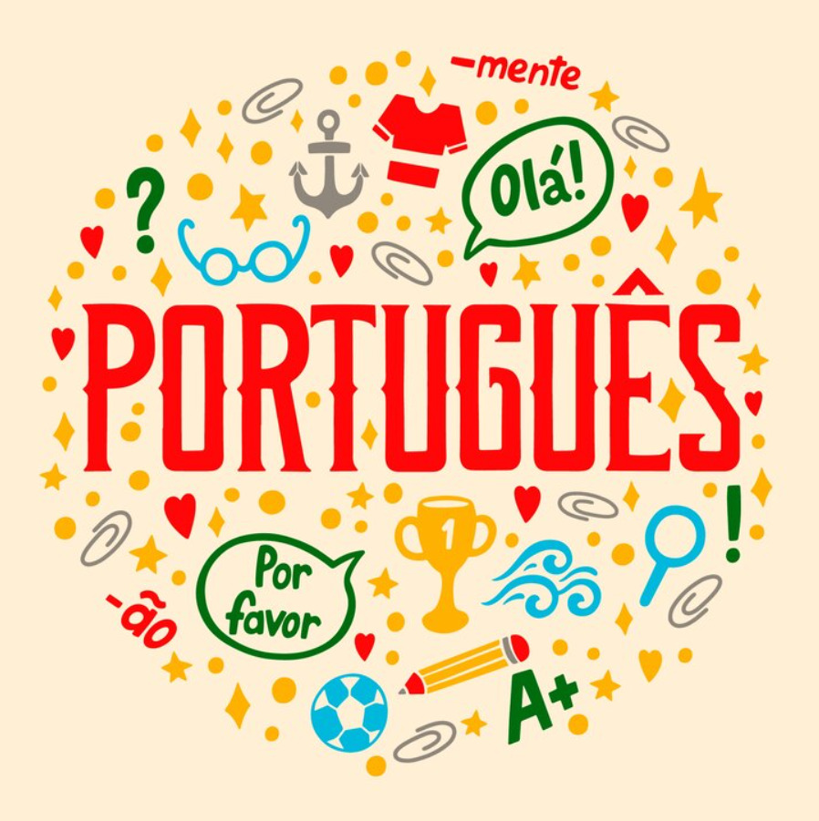An image of Portugues word written at the middle and some icons of the most known things in Portugues around it forming a circle shape