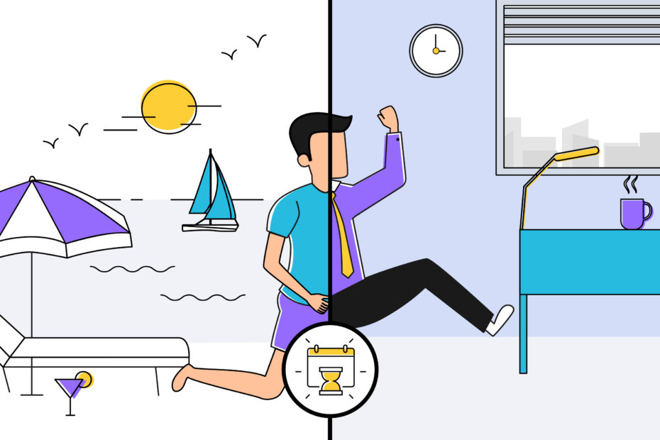 The image is a split illustration depicting two contrasting scenes. On the left side, it shows a beach setting with elements such as a sun, sailboat, birds, and a beach umbrella, representing leisure and relaxation. On the right side, it depicts an office environment with a desk, chair, clock, window with city view, and a coffee cup, symbolizing work and productivity. In the middle, a person is transitioning from the beach to the office, indicating a shift between leisure and work. An hourglass icon at the bottom center emphasizes the passage of time.