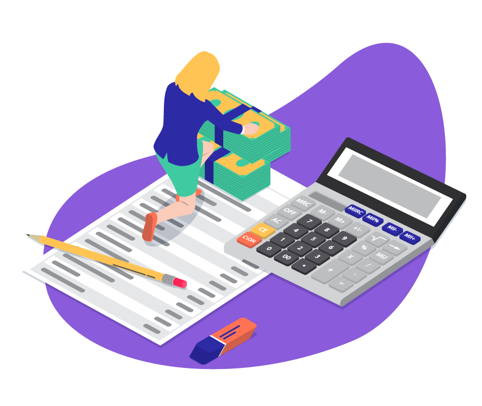 The image is an isometric illustration depicting a financial or accounting theme. It features a person standing on a large sheet of paper that resembles a financial statement or report, with text lines and columns. The person is handling a stack of money or green boxes tied with a blue ribbon. Next to the person and the paper is a large calculator, suggesting calculations and financial management. A pencil and an eraser are also present, emphasizing the act of recording and correcting financial data. The background is primarily purple, giving the illustration a vibrant and modern look.