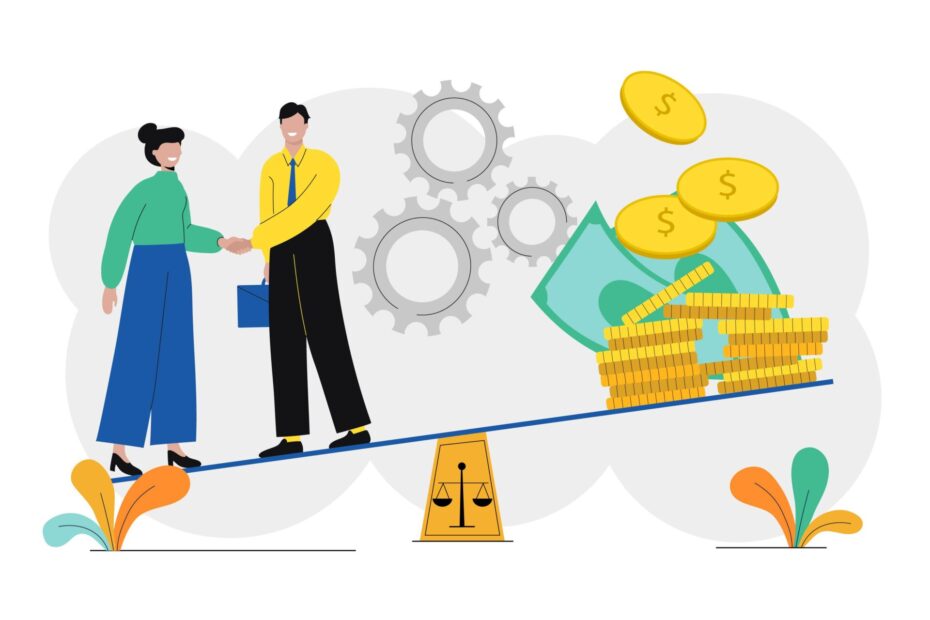 An image depicting a large balance scale with money on the right side and two employees shaking hands on the left side, symbolizing the comparison of financial investment against employee collaboration and agreement