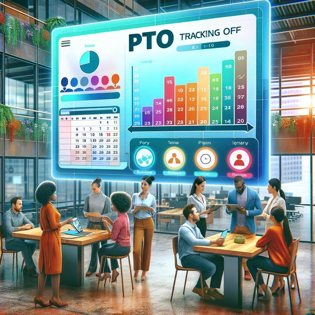 A-conceptual-illustration-showcasing-PTO-Paid-Time-Off-trackers.-The-image-features-a-modern-office-setting-with-a-large-digital-display-board-in-the-middle