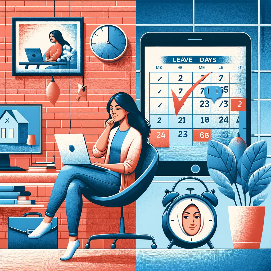 An-image-representing-the-impact-of-remote-work-on-leave-policies.-Depict-a-split-scene_-on-one-side-a-relaxed-employee-Hispanic-female-working-remouthly.
