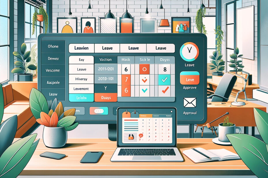 An-illustration-showcasing-various-Leave-Tracking-Tools-used-in-a-modern-office-environment.-The-image-includes-a-large-sleek-digital-dashboard.