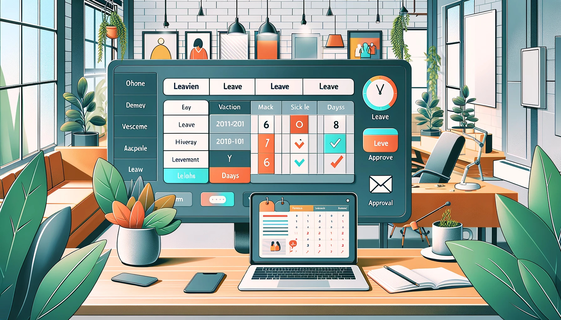 An-illustration-showcasing-various-Leave-Tracking-Tools-used-in-a-modern-office-environment.-The-image-includes-a-large-sleek-digital-dashboard.