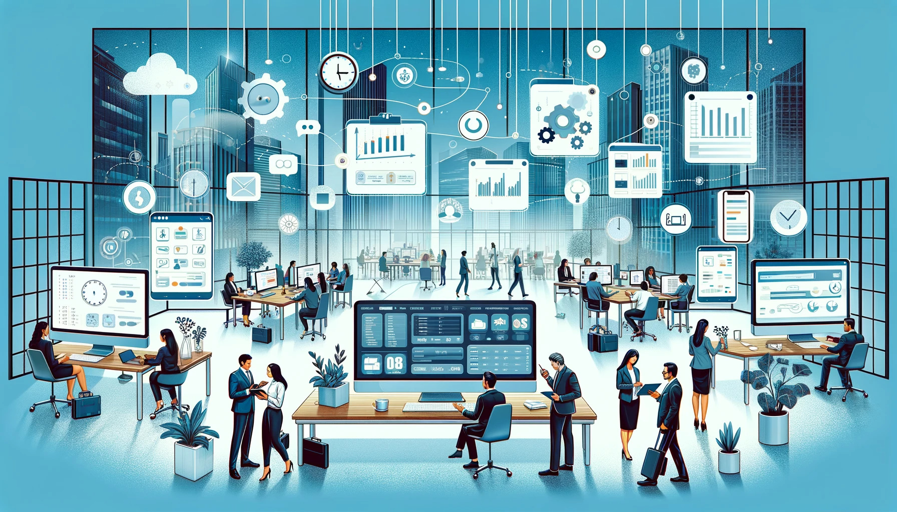 A-digital-illustration-for-an-article-about-the-best-tools-to-integrate-with-your-leave-tracking-tool.-The-image-should-depict-a-modern-office-environment..