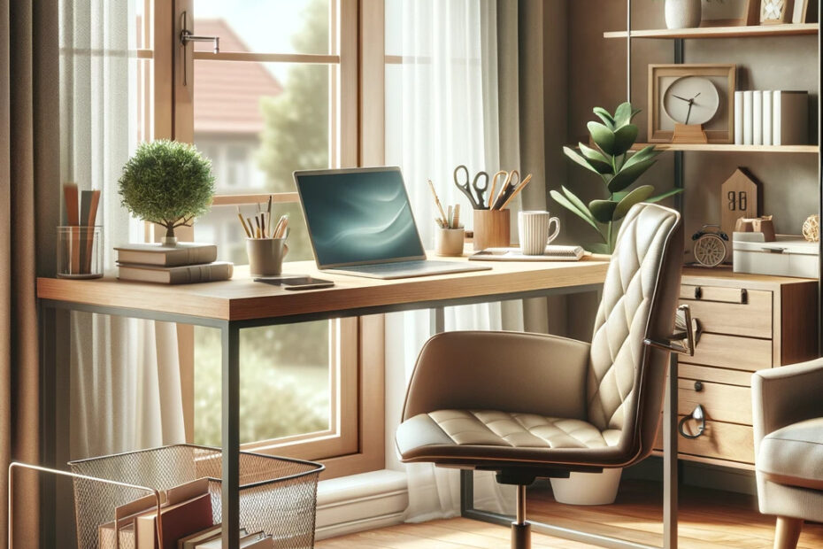 A-cozy-home-office-setting-depicting-the-concept-of-working-from-home.-The-scene-includes-a-modern-desk-with-a-laptop-a-comfortable-chair