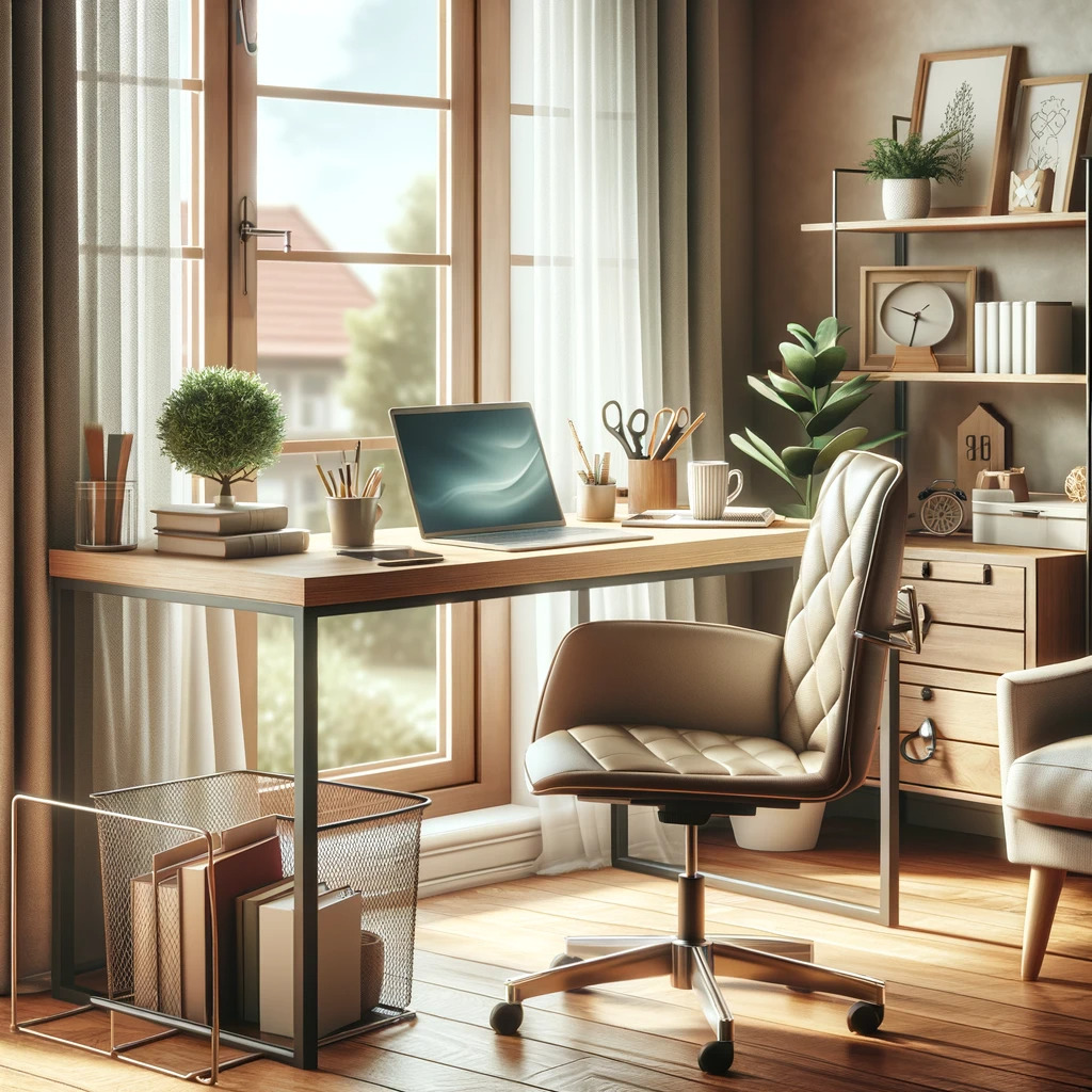 A-cozy-home-office-setting-depicting-the-concept-of-working-from-home.-The-scene-includes-a-modern-desk-with-a-laptop-a-comfortable-chair