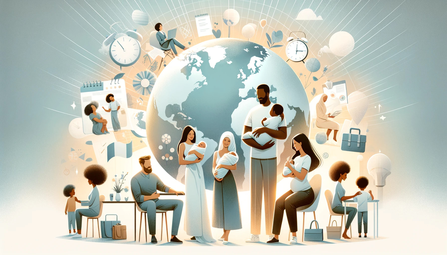 A-serene-and-light-colored-banner-for-a-blog-article-about-paternity-leave-policies-around-the-world. -The-design-should-include-a-globe-diverse-families.